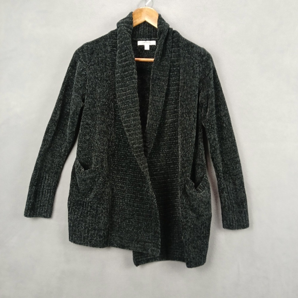 Orvis Cardigan Sweater Womens XS Black Tight Knit Ribbed Shawl Collar Open Front